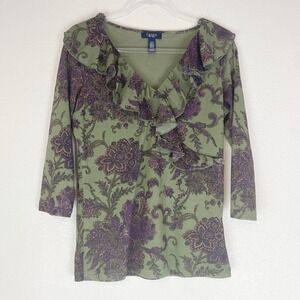 Chaps Ralph Lauren Mesh Floral Paisley Top Large Ruffle Neck Boho Forest Cottage